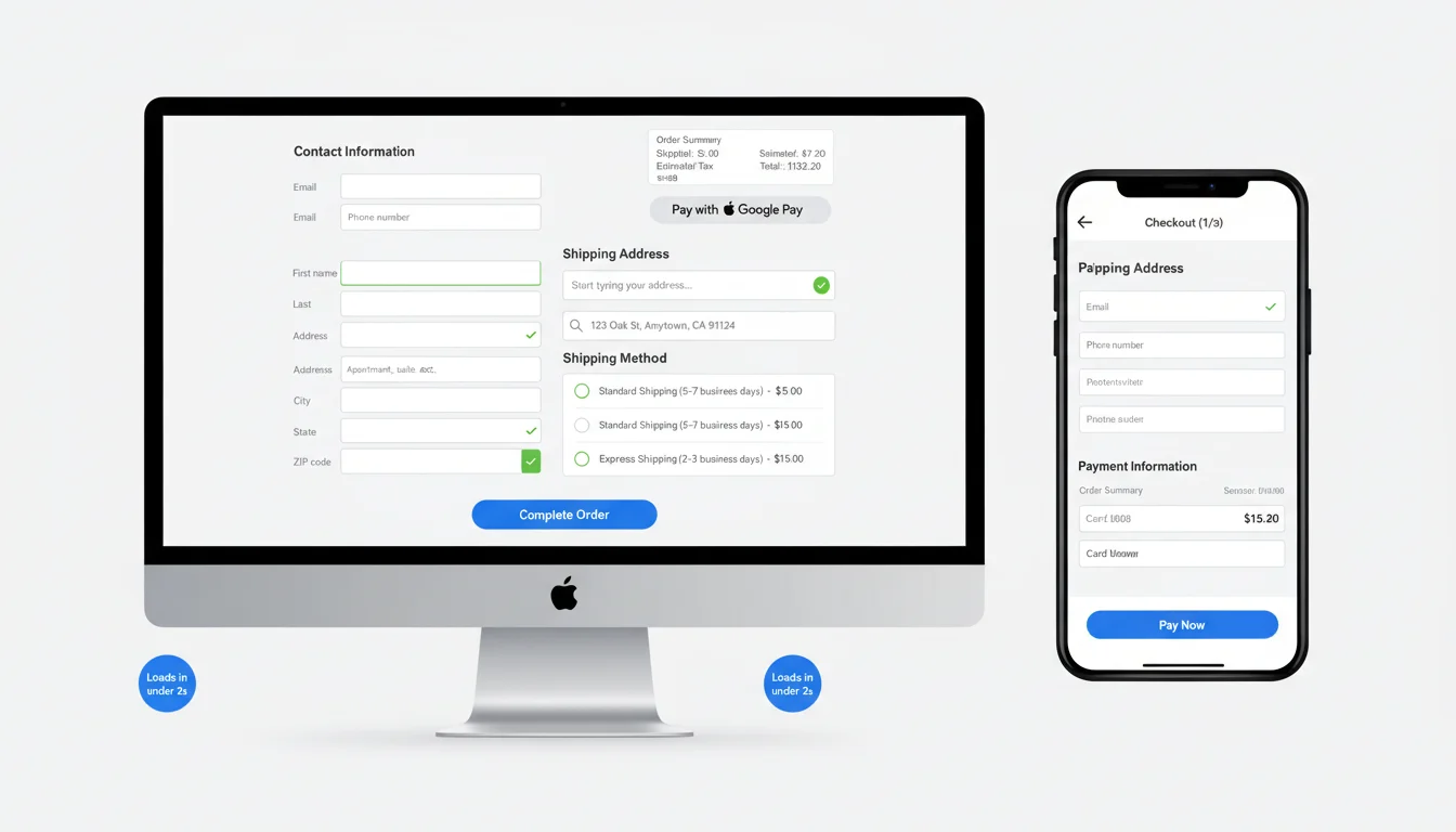 Streamlined e‑commerce checkout on desktop and mobile with express pay buttons, simplified form fields, and clear order totals.
