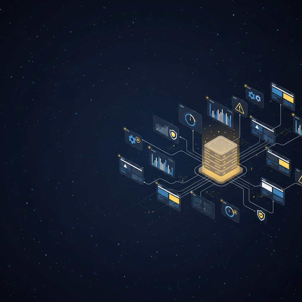 In aspect ratio 16 / 9 with 2000 pix wide, Give me a symbol or simple image that has the main theme of Who is my target audience, and how does that affect the design and content? in a dark, starry digital space, no physical room or hardware, only glowing data-center forms and UI panels clustered on the right side and fading toward the center, with an empty star field on the left for header text. On the right, a large central holographic emblem shaped like a stacked grid of slim server blocks (rows of rounded rectangles with tiny status lights) represents the primary server cluster, softly glowing and slightly extruded as the core system. Thin luminous lines radiate from this emblem to multiple surrounding panels that visualize different hosting maintenance states: vertical bars showing resource usage, circular uptime dials, warning triangle icons for issues, spinning gear icons for active maintenance tasks, and small shield icons for security checks. Some panels show simplified website tiles where certain tiles glow to indicate servers currently under maintenance, suggesting that backend health affects front-end sites. Small, bright particles travel along the connecting lines to imply status checks and data flowing between servers, monitoring tools, and dashboards. Color palette limited to hex #ffffff, #00120b, #04629a, #182b49, #ffcd00, #f5f5f5, #162330, and #0e1a25, with deep blues and black-blue for the background, bright yellow for key alert nodes, status LEDs, and glows around the central server cluster emblem, and white/off-white for interface outlines and grid details. Clean vector style, subtle holographic glow, 16:9 aspect ratio, ultra sharp, no readable text anywhere, all meaning communicated through icons, shapes, and composition only.