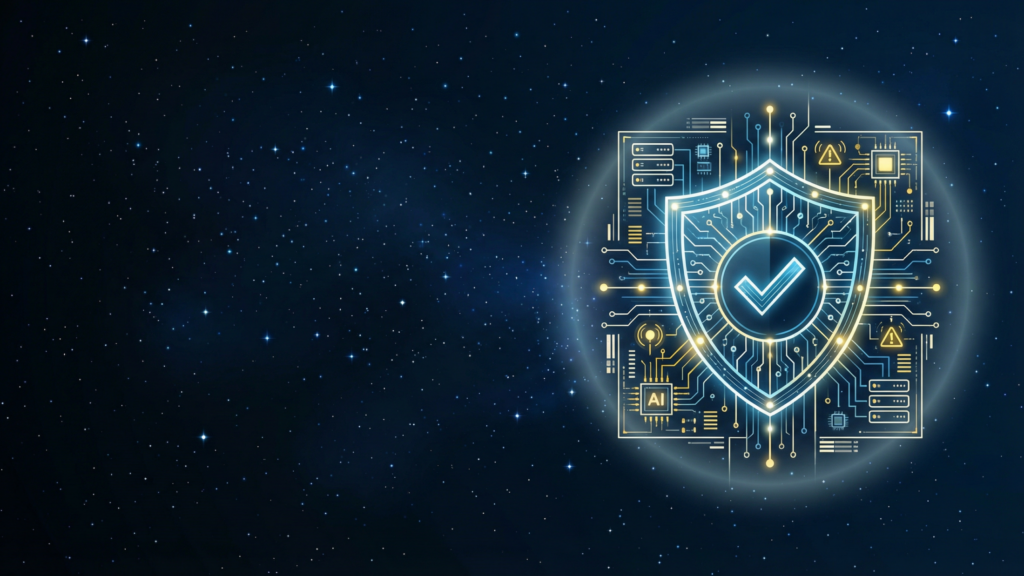 Shield with checkmark and AI circuit board