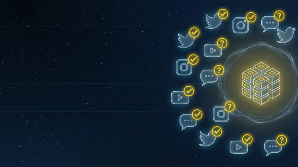 Social media icons with checkmarks and question marks