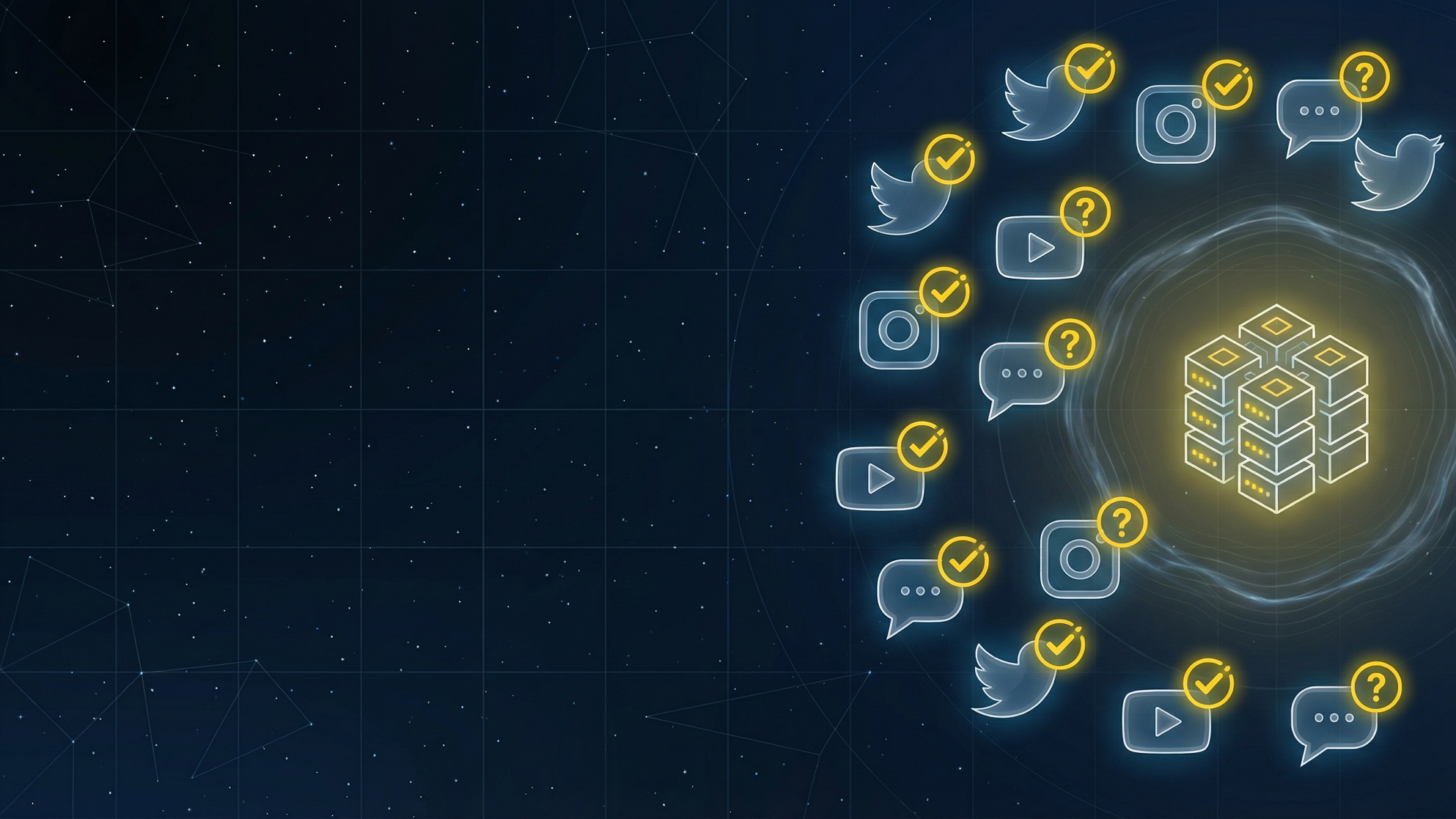 Social media icons with checkmarks and question marks