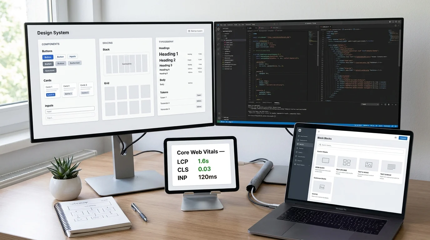 Modern developer desk with dual monitors showing a component library and clean code, plus a laptop displaying a block-based page editor and a small screen with Core Web Vitals metrics.