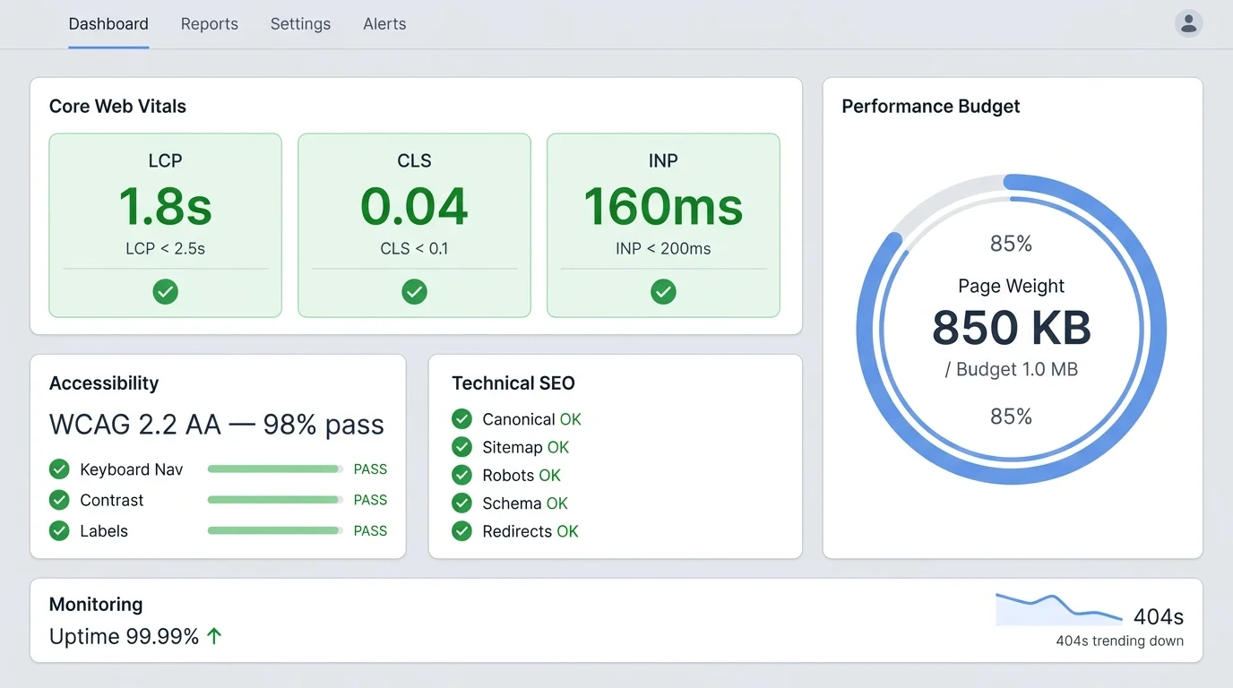 Minimal dashboard UI with Core Web Vitals metrics, a performance budget gauge, an accessibility WCAG AA score, and technical SEO checklist with green status indicators.