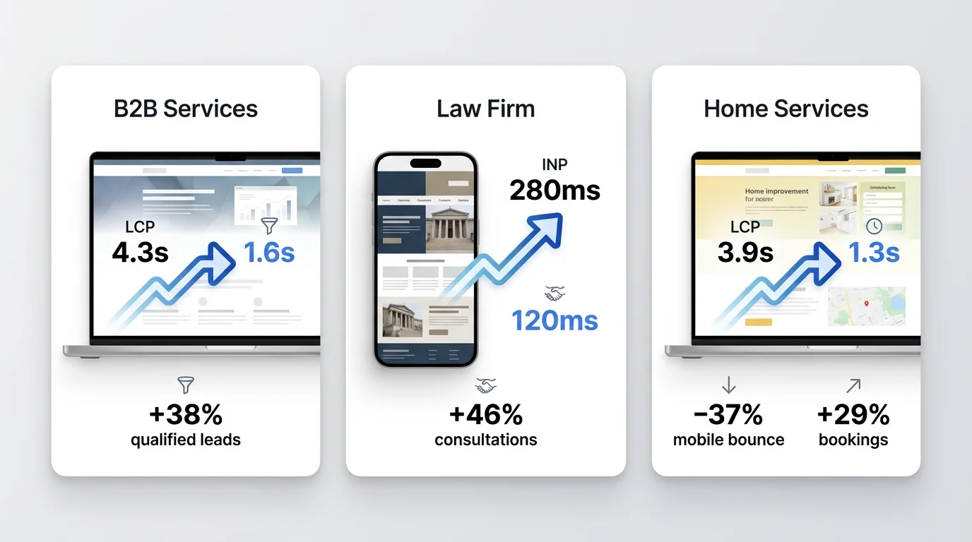 Three case study cards labeled B2B Services, Law Firm, and Home Services showing before-and-after metrics like LCP improvements and lead growth with generic device mockups.