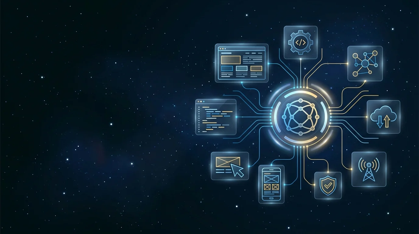 Full Custom Website header image - Futuristic ‘Full Custom Website’ command-center interface floating in a dark, starry digital space, no physica