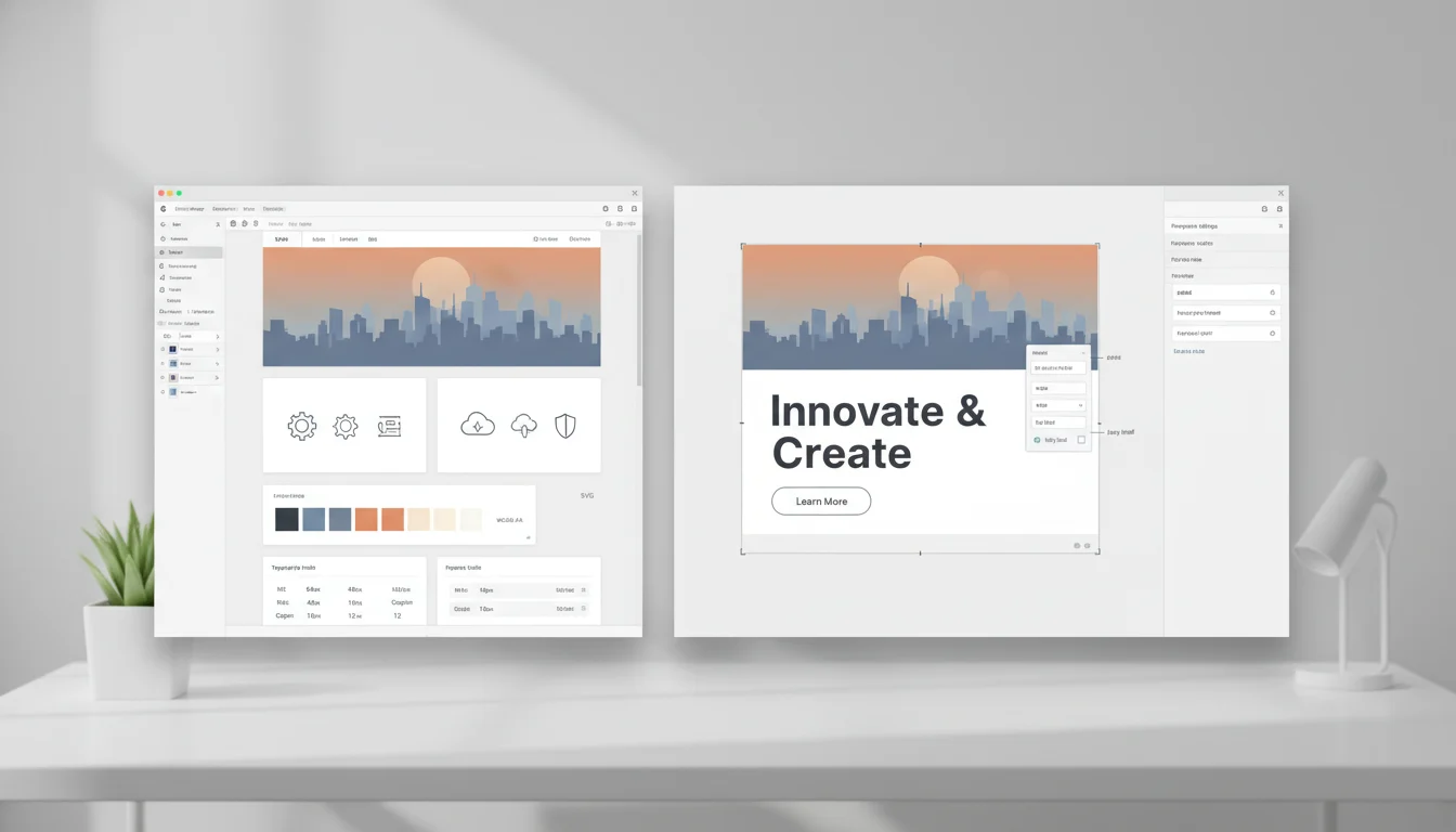 Design-to-CMS handoff: a generic design tool with hero graphics, color and type tokens, and an icon set beside a CMS block editor preview showing responsive image settings, WebP/AVIF exports, and WCAG AA contrast checks.