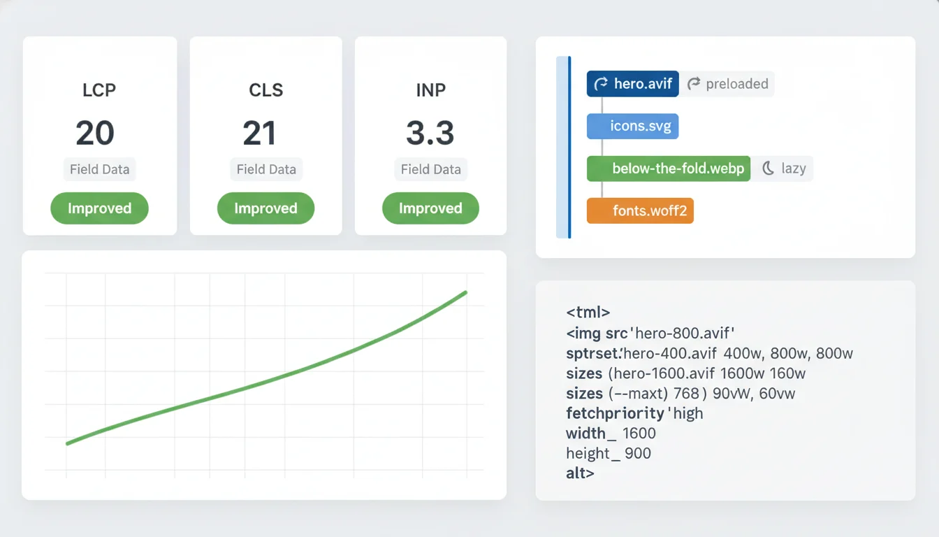 Core Web Vitals dashboard showing improved LCP, CLS, and INP next to a browser waterfall and an HTML img srcset snippet using WebP/AVIF and priority hints.