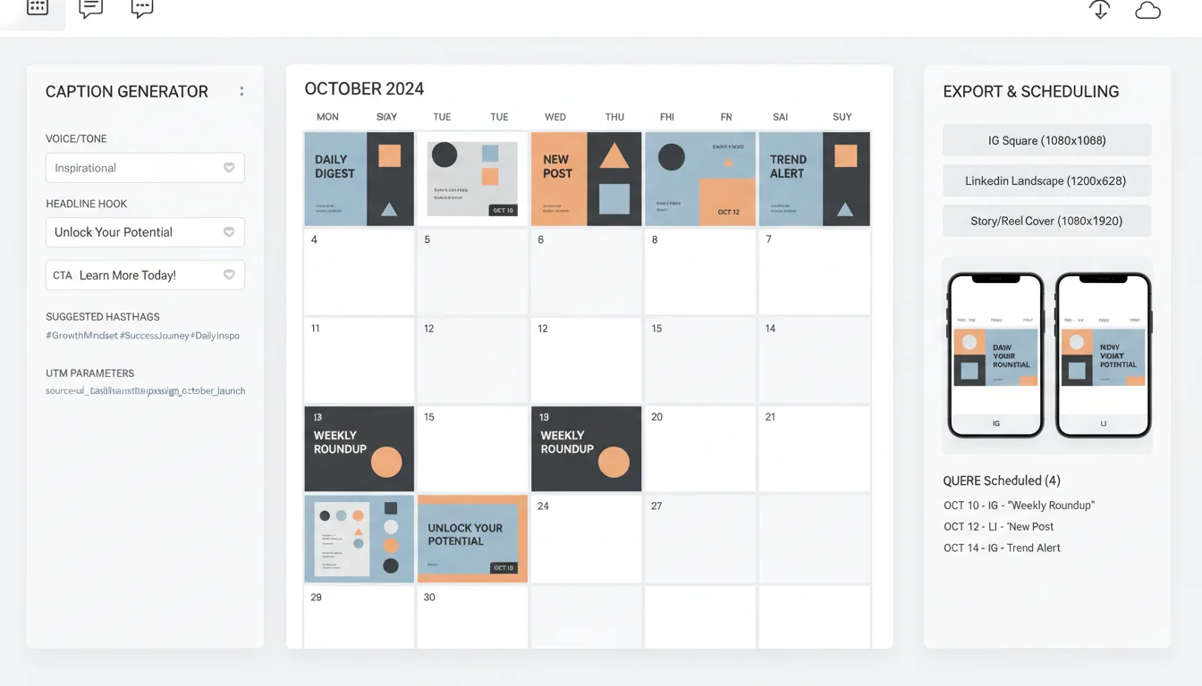 AI-assisted social media calendar with branded post templates and a caption generator panel showing tone selection, CTA, hashtags, and UTM tags for Instagram, LinkedIn, and Stories.