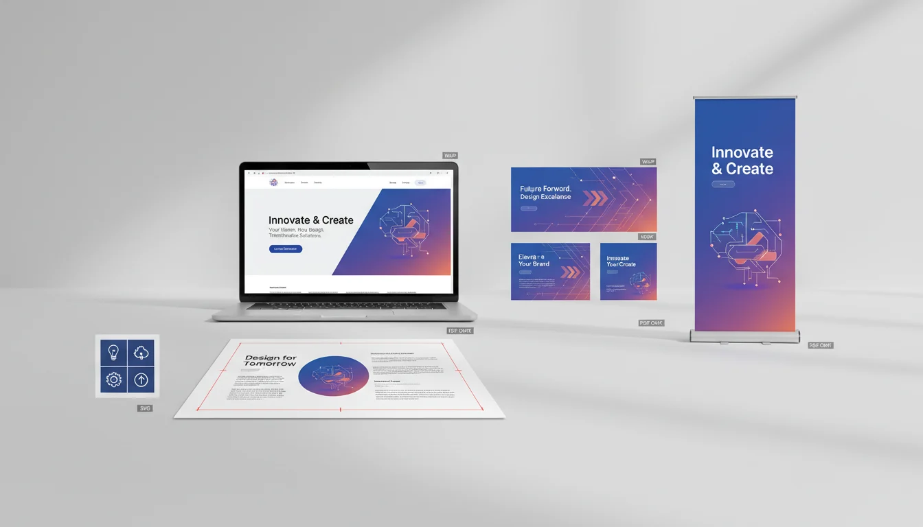 Visual design deliverables spread showing a landing page hero on a laptop, multiple ad sizes, a one‑page brochure with bleed and crop marks, a roll‑up event banner, and a grid of brand icons labeled SVG, WebP, and PDF CMYK.