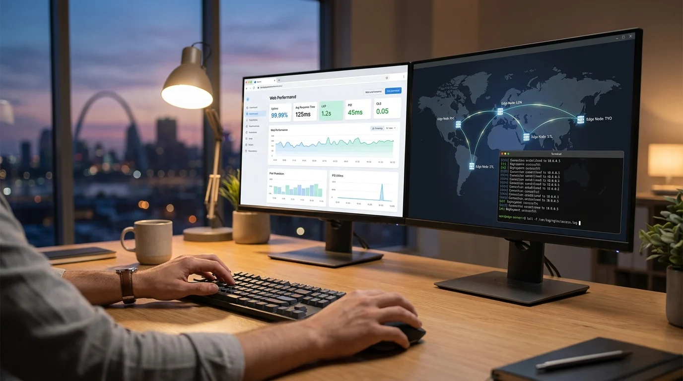 Engineer monitoring a website performance dashboard, global CDN map, and server console on dual monitors, illustrating STL CodeScape’s managed WordPress hosting.