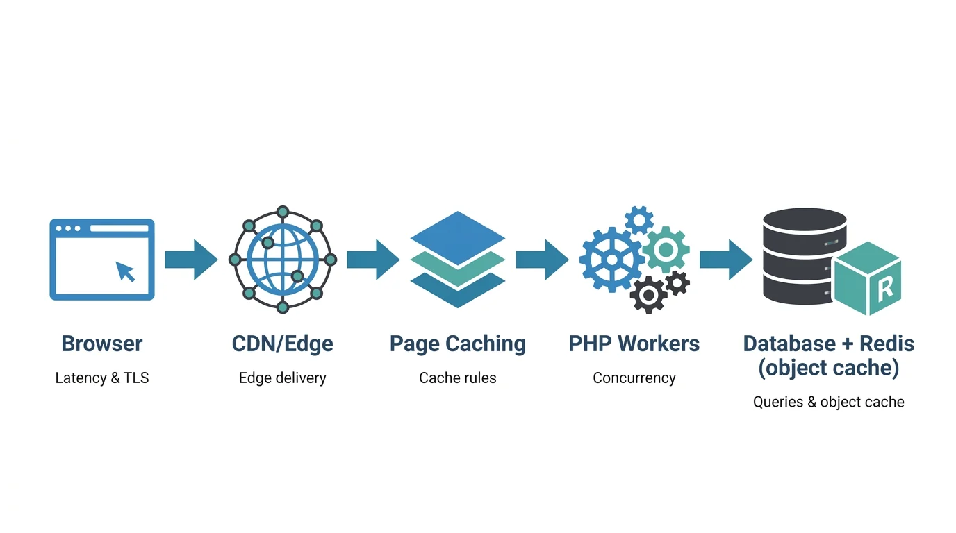 Diagram of the WordPress hosting performance stack: Browser → CDN/edge → caching → PHP workers → database and Redis object cache.