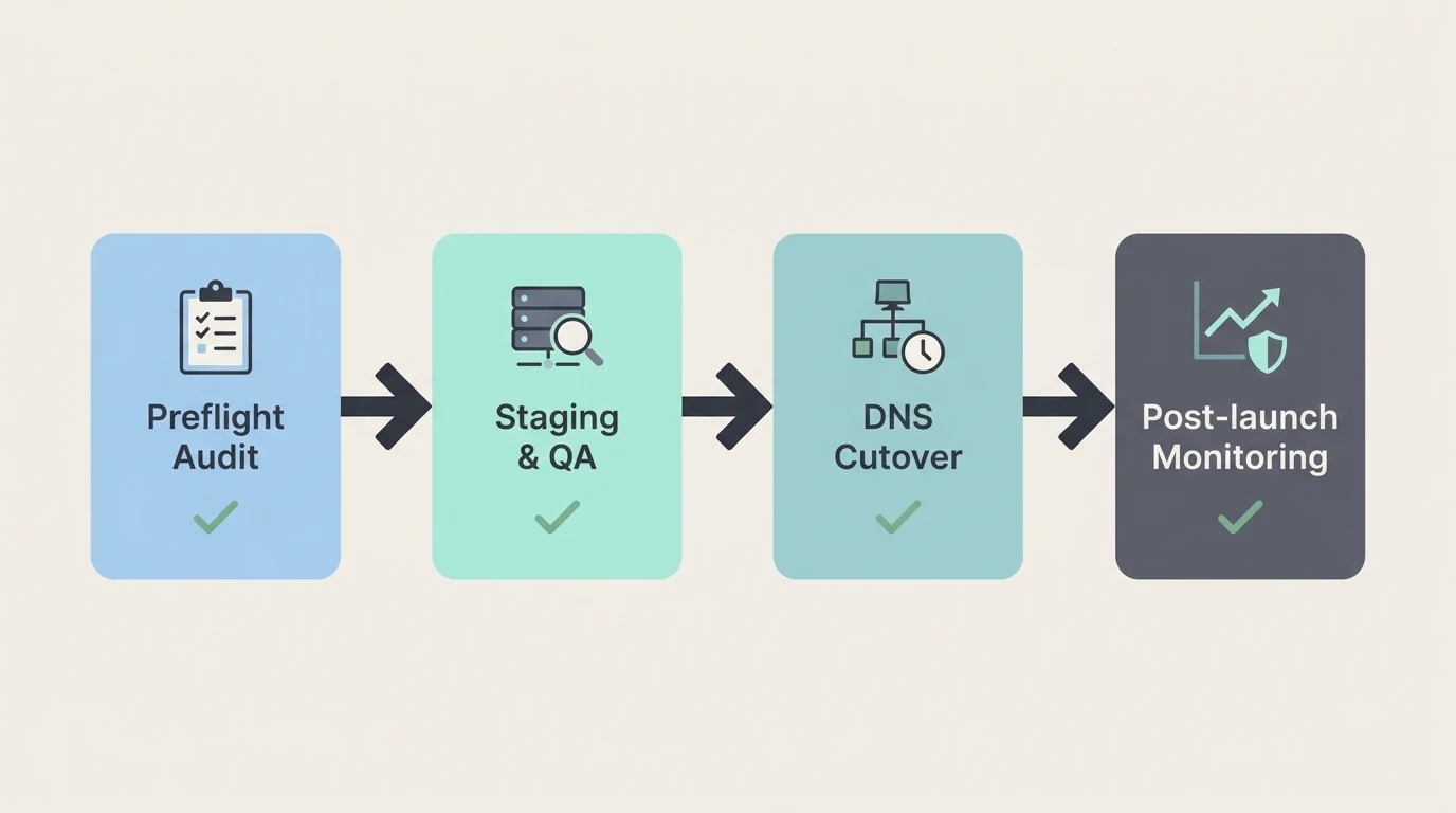 Flowchart of the migration and go‑live process: Preflight audit → Staging & QA → DNS cutover → Post‑launch monitoring.