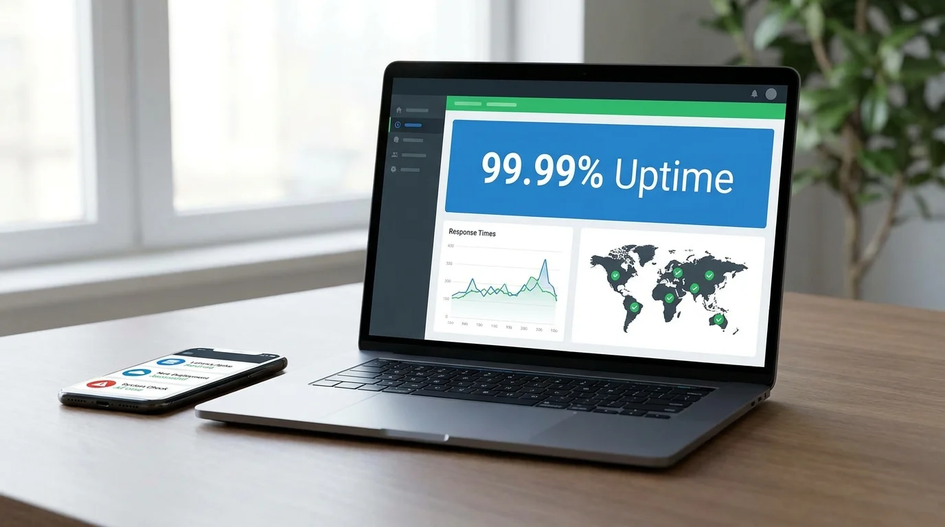 Uptime and response‑time dashboards with a global checks map and incident alerts on a laptop and phone, representing 24/7 monitoring and SLAs.