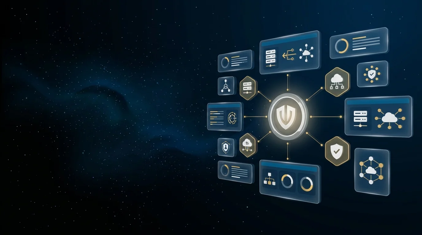 Hosting Solutions header image - Futuristic ‘Hosting Solutions’ command-center interface floating in a dark, starry digital space, no physical