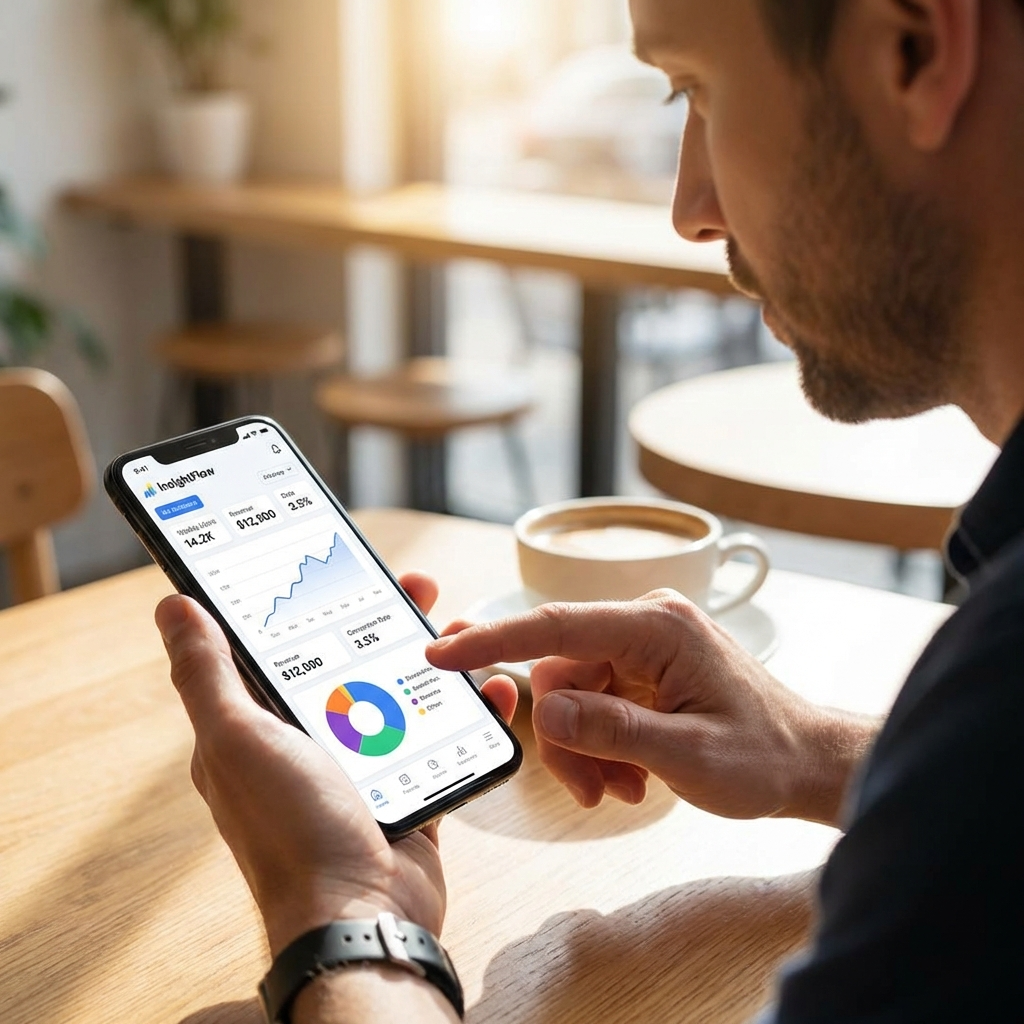 a user interacting with a mobile app interface showing analytics dashboard