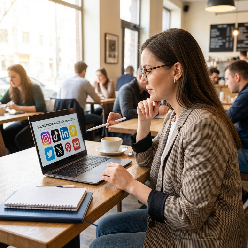 a marketer reviewing different social media platform icons on a laptop screen