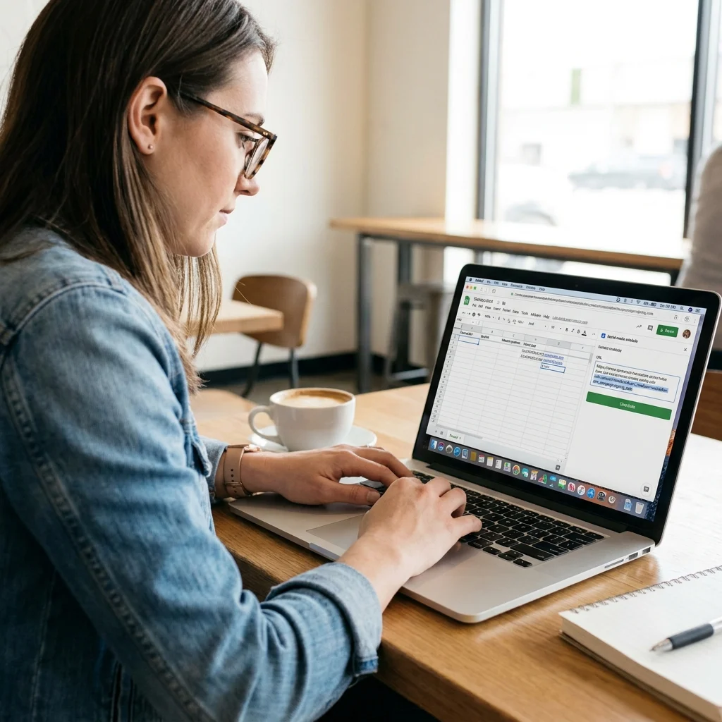 a marketer adding UTM parameters to a social media URL on a laptop