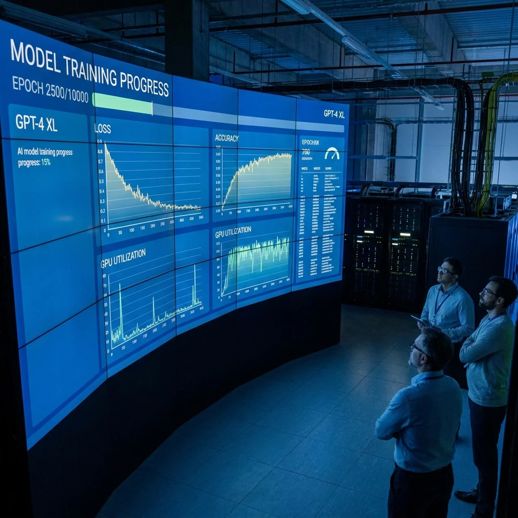 AI model training progress dashboard on large screens in a data center