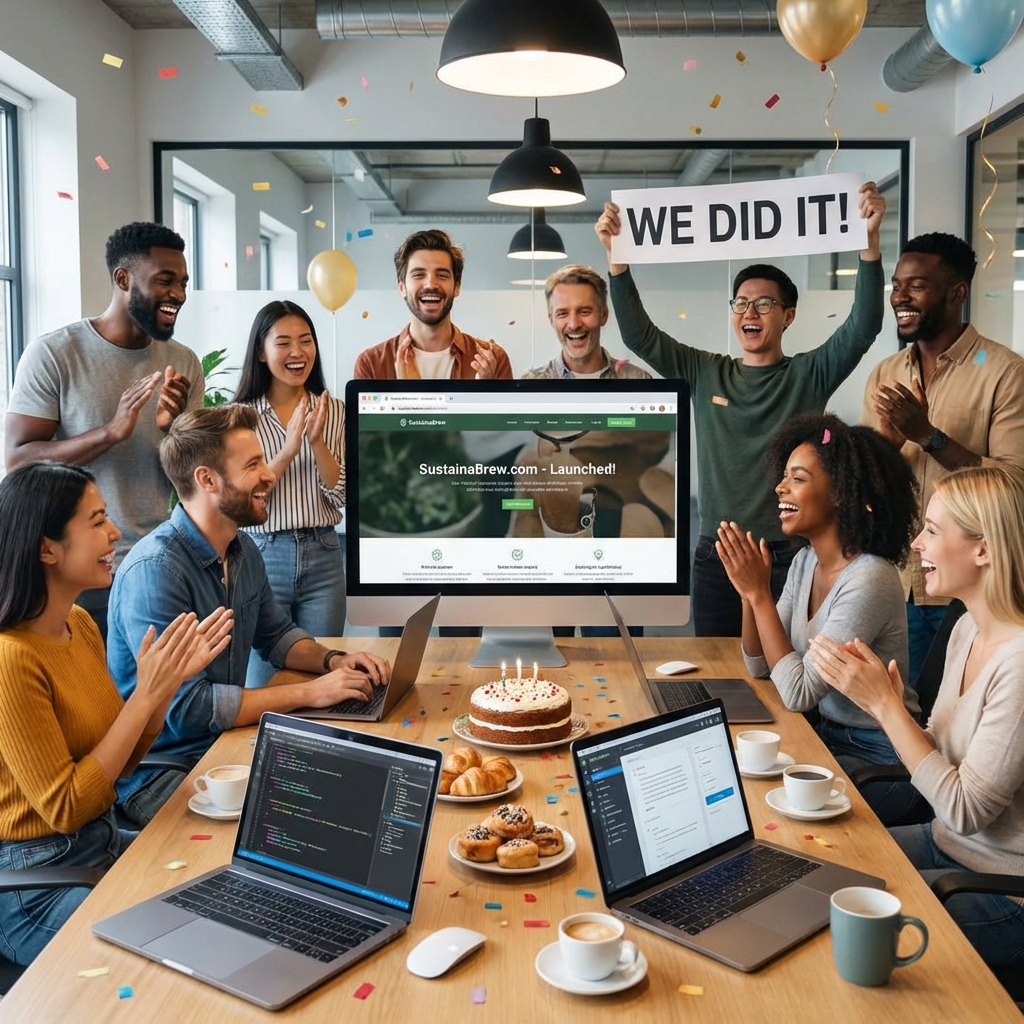 team celebrating website launch with computers and coffee