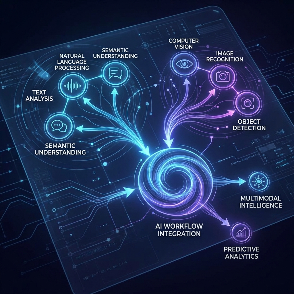 an abstract diagram of a complex AI workflow integrating NLP and computer vision components