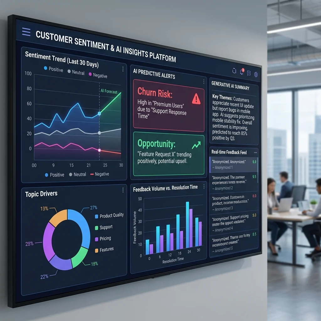 dashboard screen showing insights from customer feedback analysis with charts and AI predictions