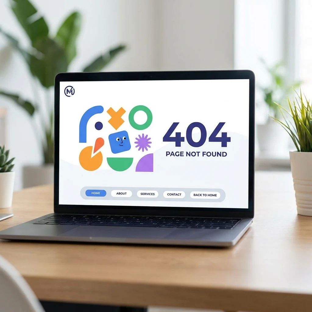 a modern website 404 error page design with colorful graphics and navigation options