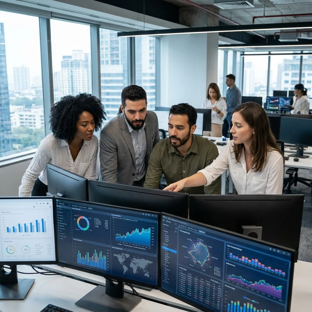 a diverse team analyzing data on computer screens in an office