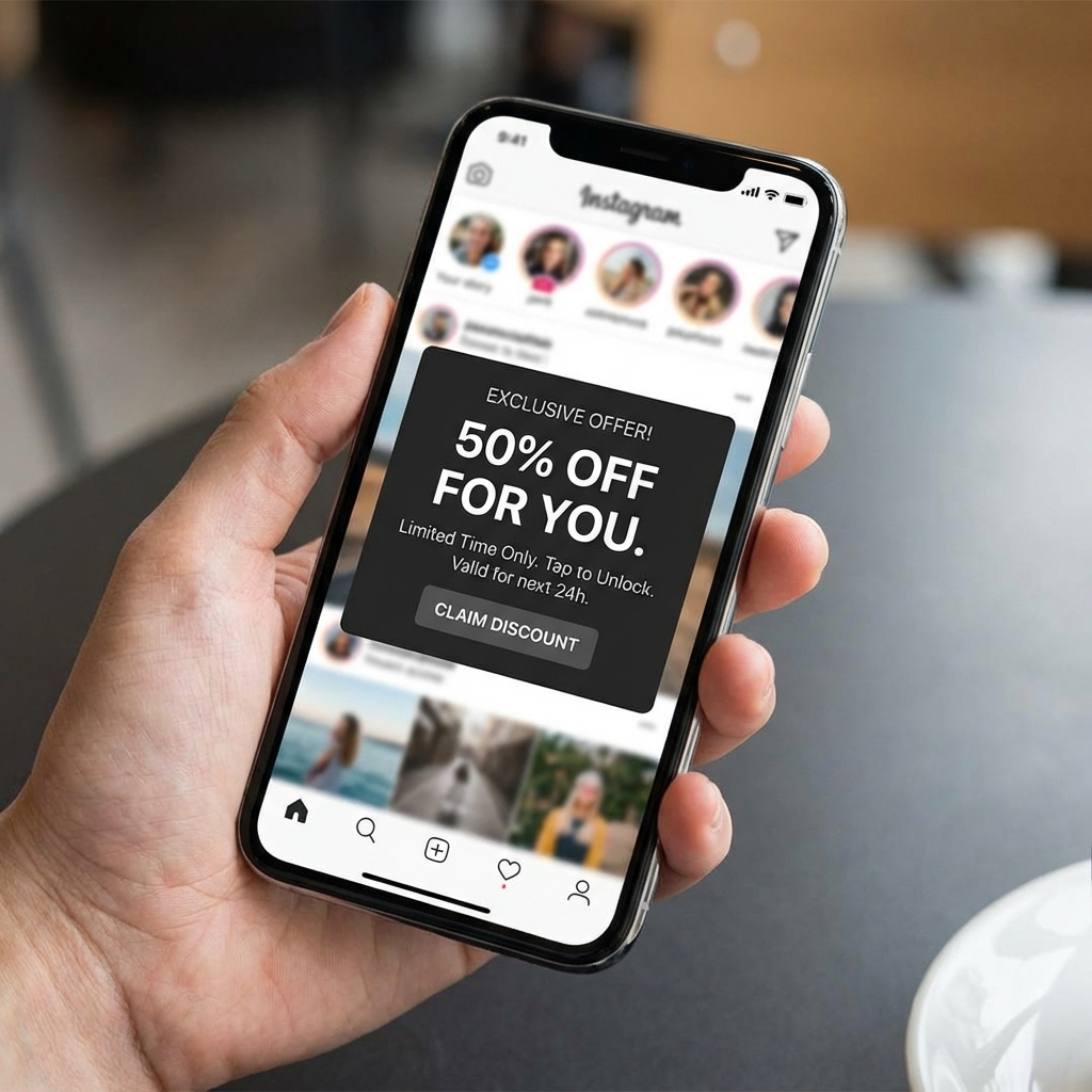 a smartphone screen displaying an exclusive discount popup on a social media app
