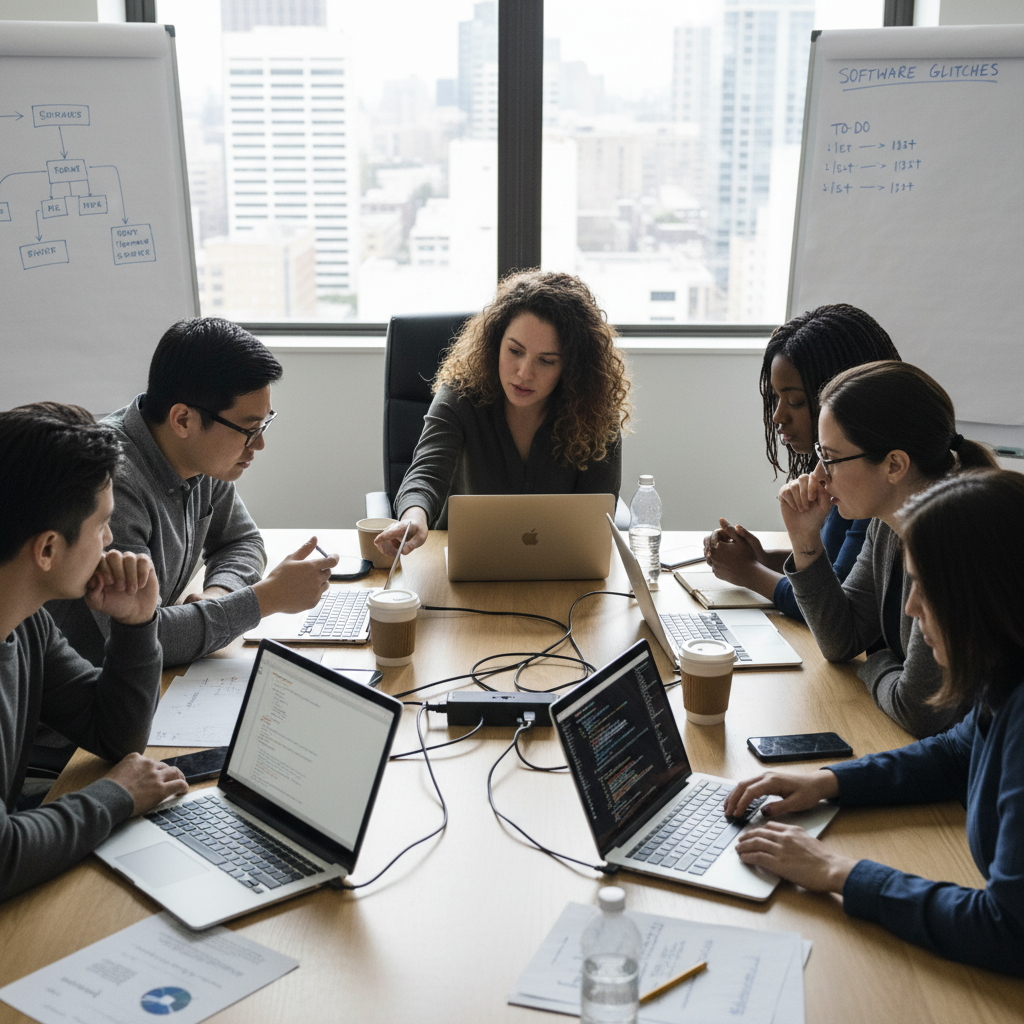 team meeting around conference table troubleshooting software issues