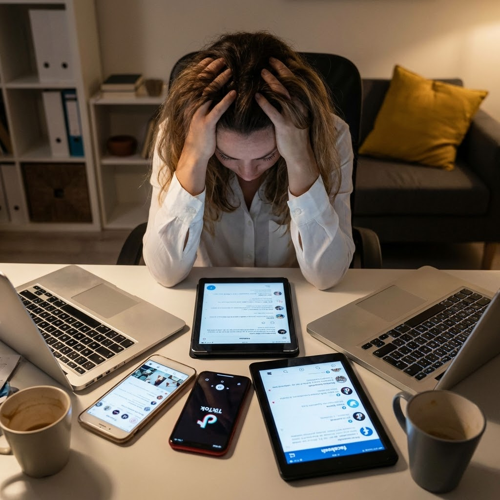 a stressed social media manager surrounded by multiple devices showing different social media apps