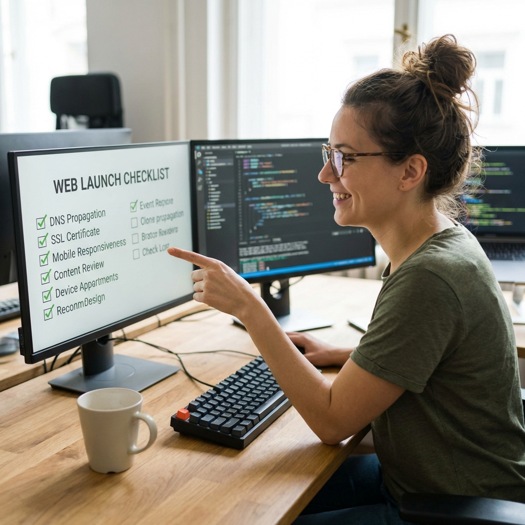 web developer checking website launch checklist on a computer screen
