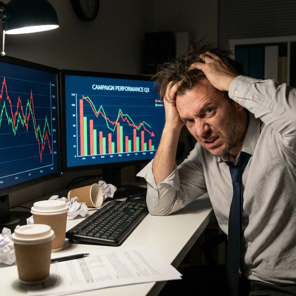 a frustrated marketer analyzing fluctuating analytics charts on computer screens