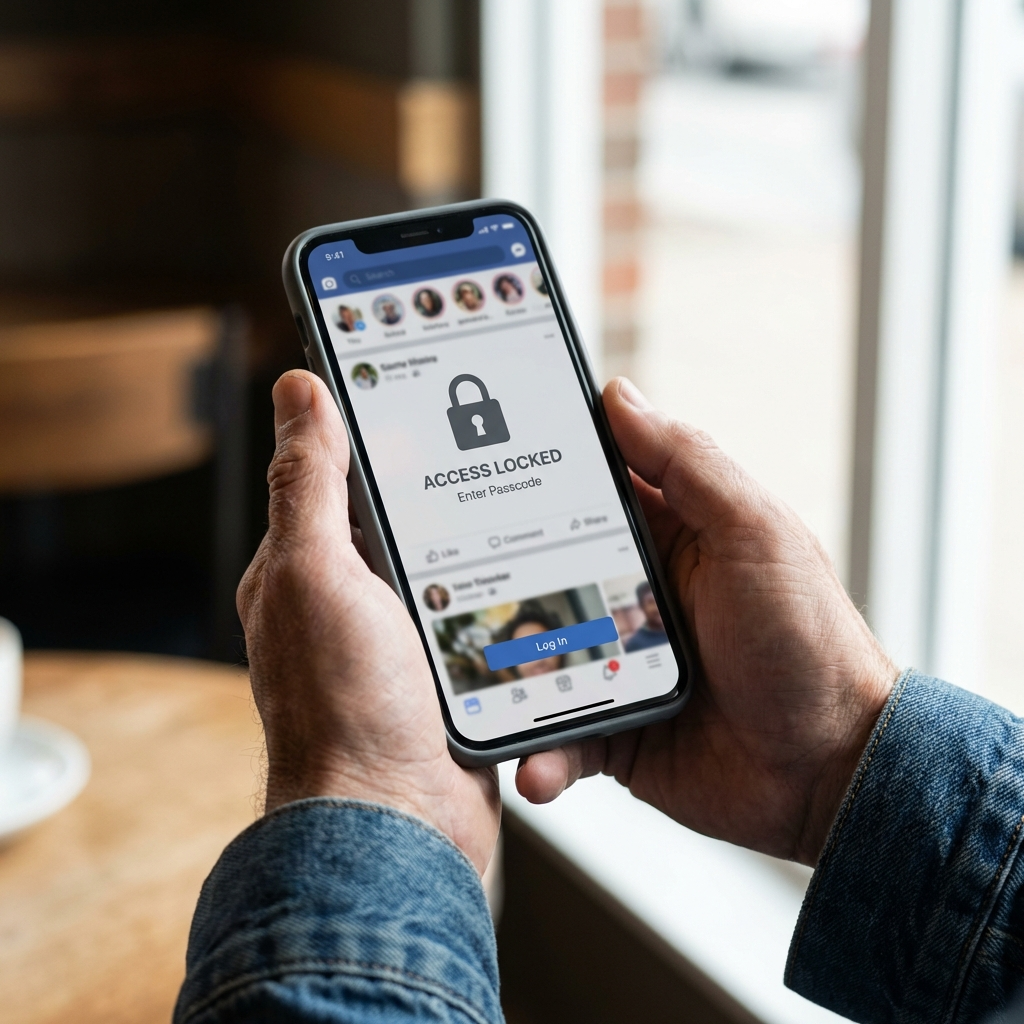 hands holding a smartphone showing social media app with locked access
