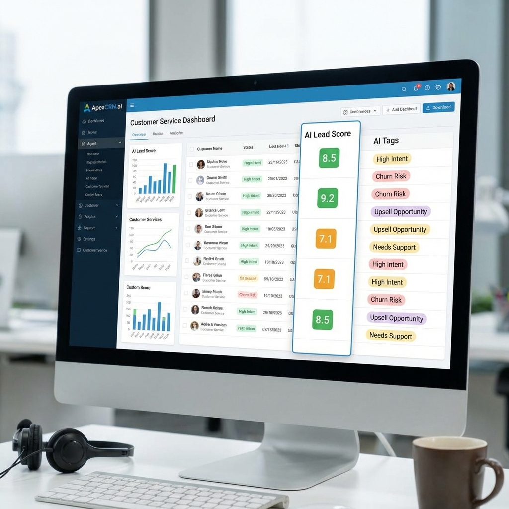customer service agent dashboard showing AI-generated lead scores and tags