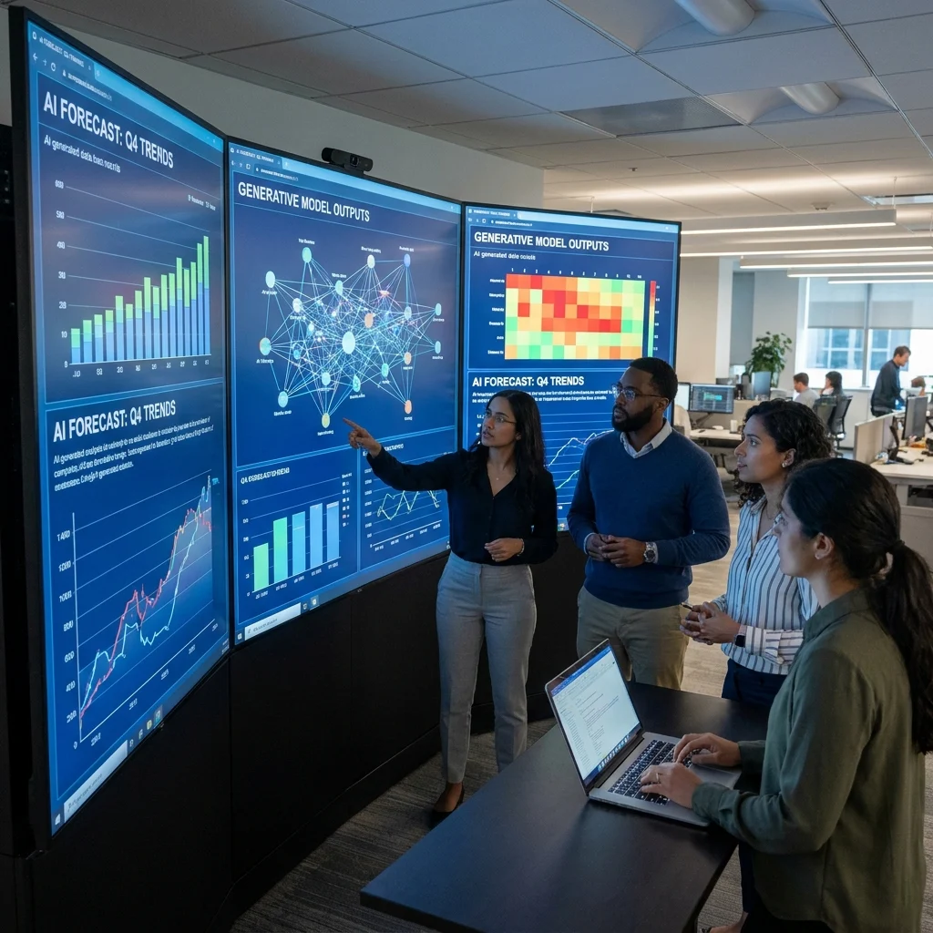 business analysts reviewing AI-generated data on large digital screens