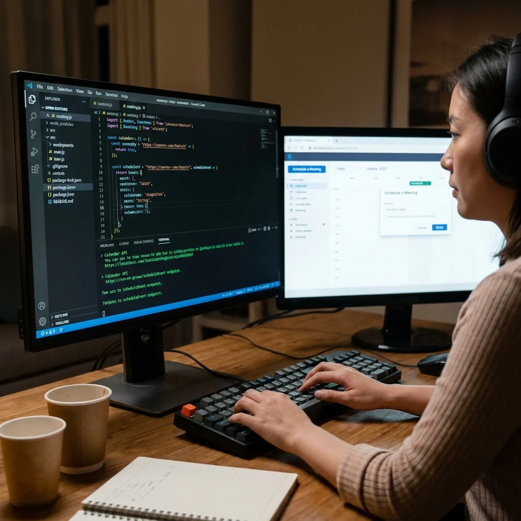 Developer writing code integrating API for scheduling tool on computer screen