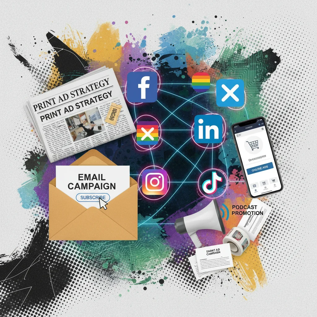 collage showing social media icons integrated with other marketing tools like email and print ads