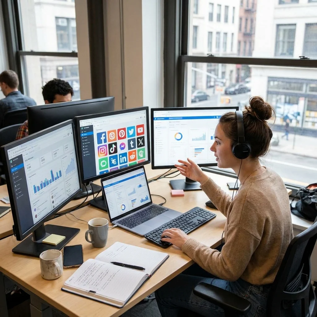a social media manager working on multiple screens displaying social media icons