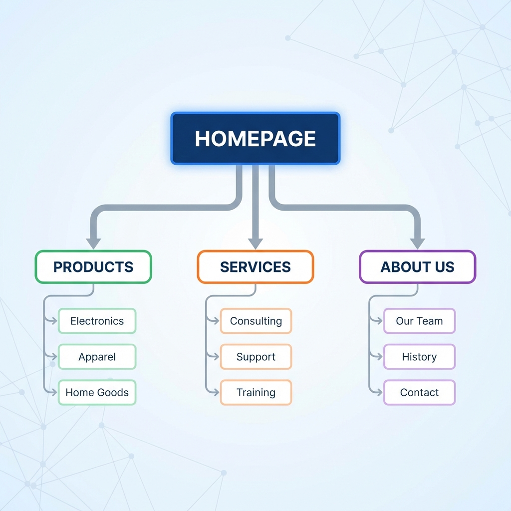 visual sitemap diagram with homepage branching into categories and subcategories