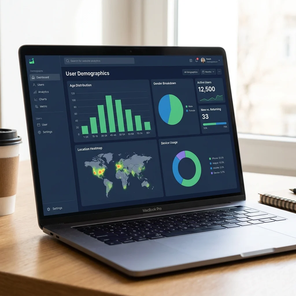 dashboard view of website analytics showing user demographics on a laptop screen
