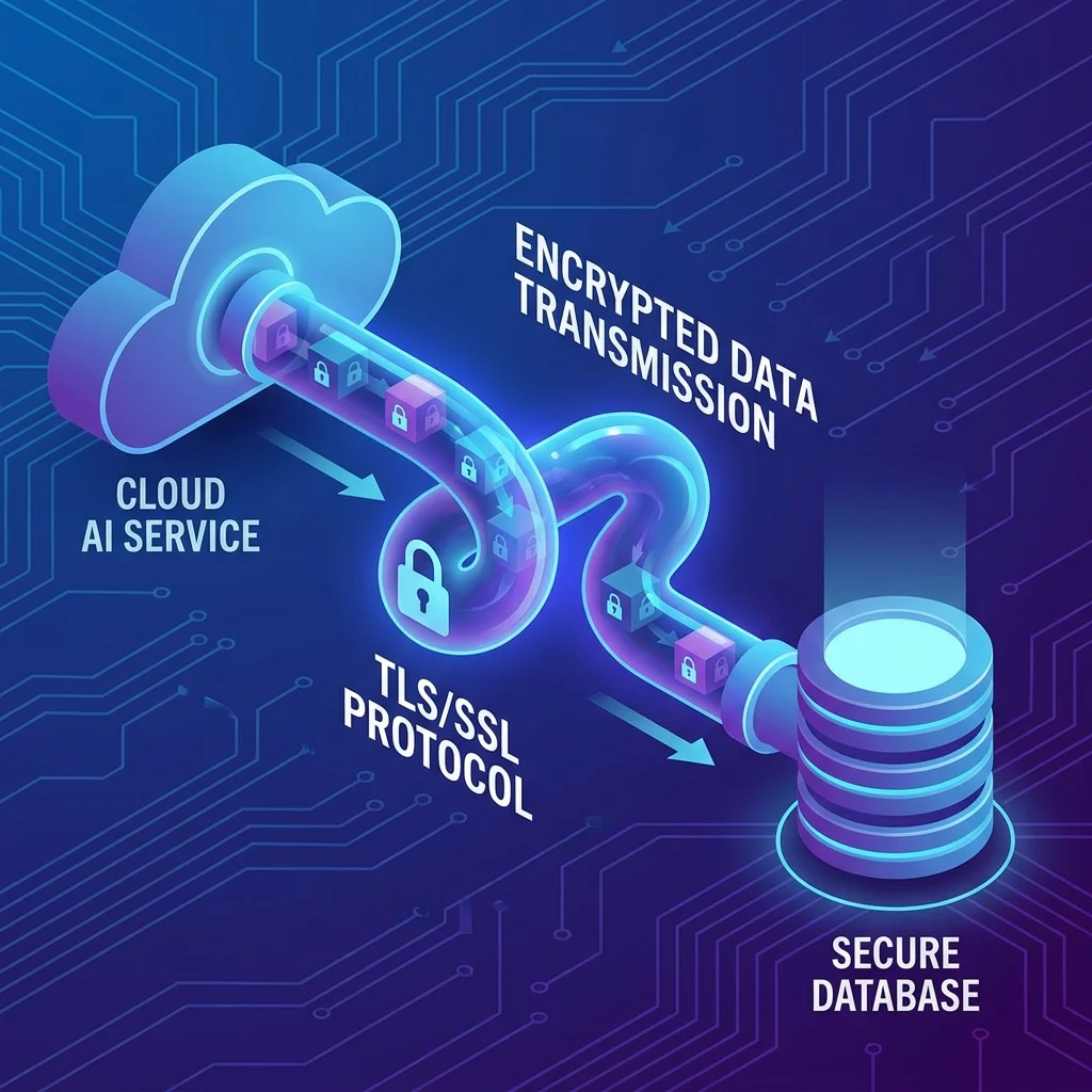 illustration showing encrypted data transmission between a cloud AI service and a database