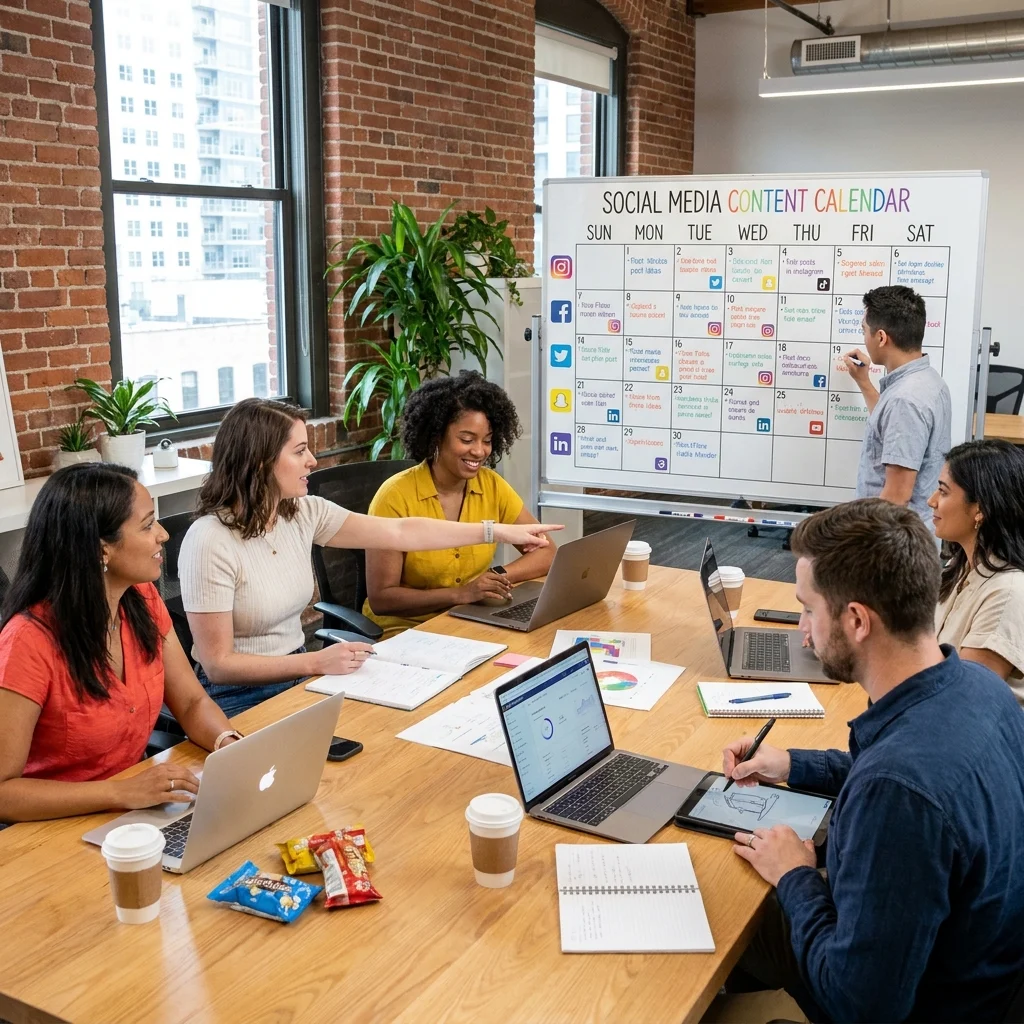 digital marketing team collaborating on social media content planning in office