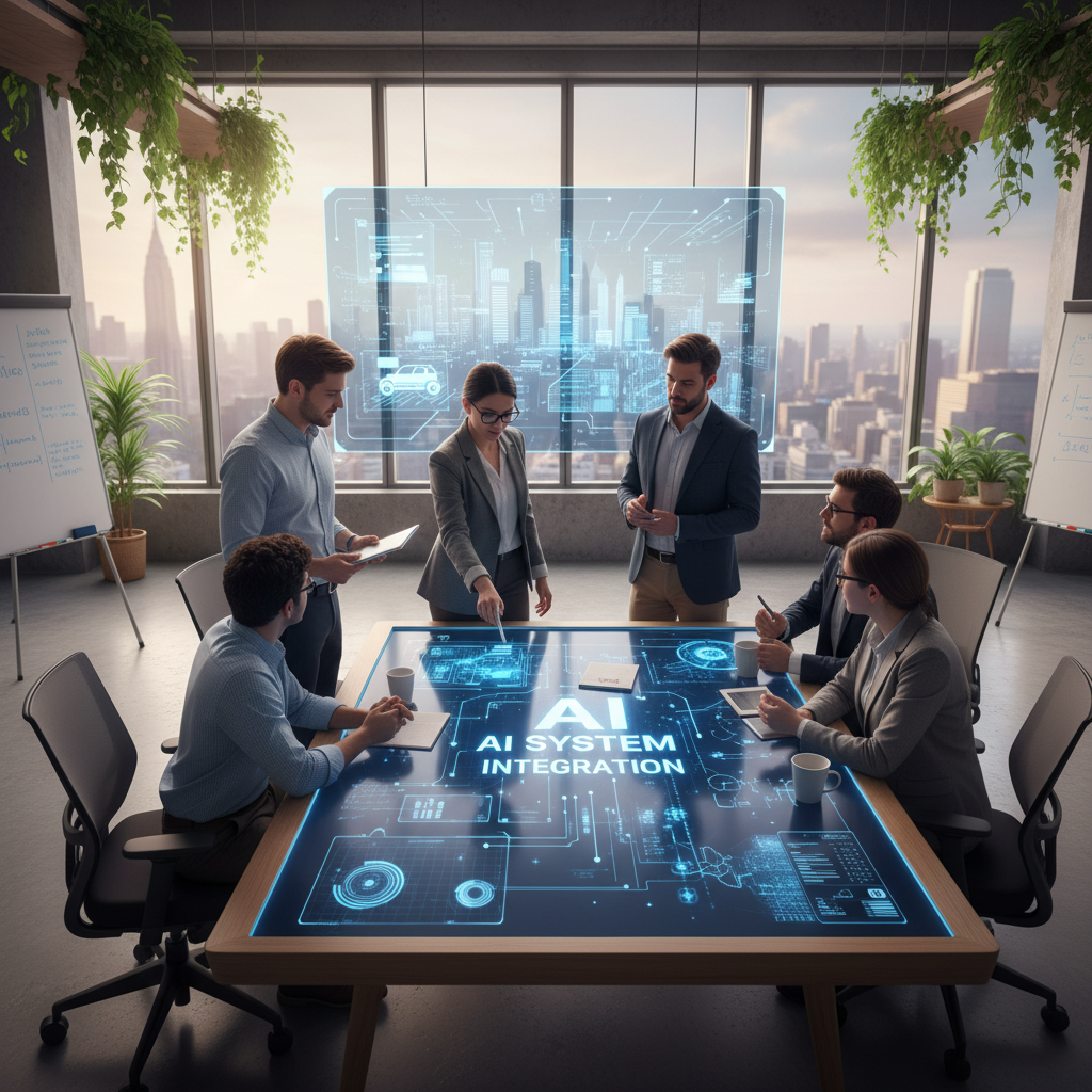 team of IT professionals discussing AI system integration in modern office