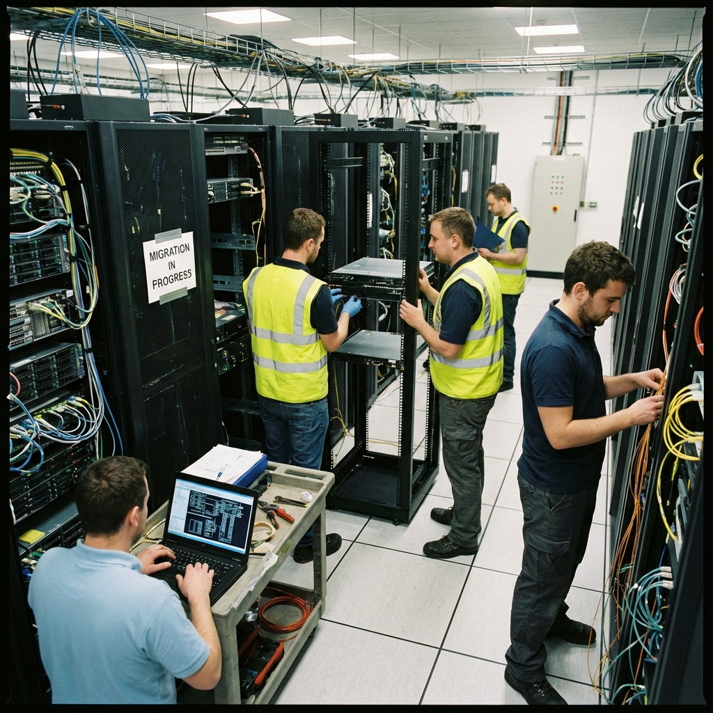 technicians working on a computer server migration