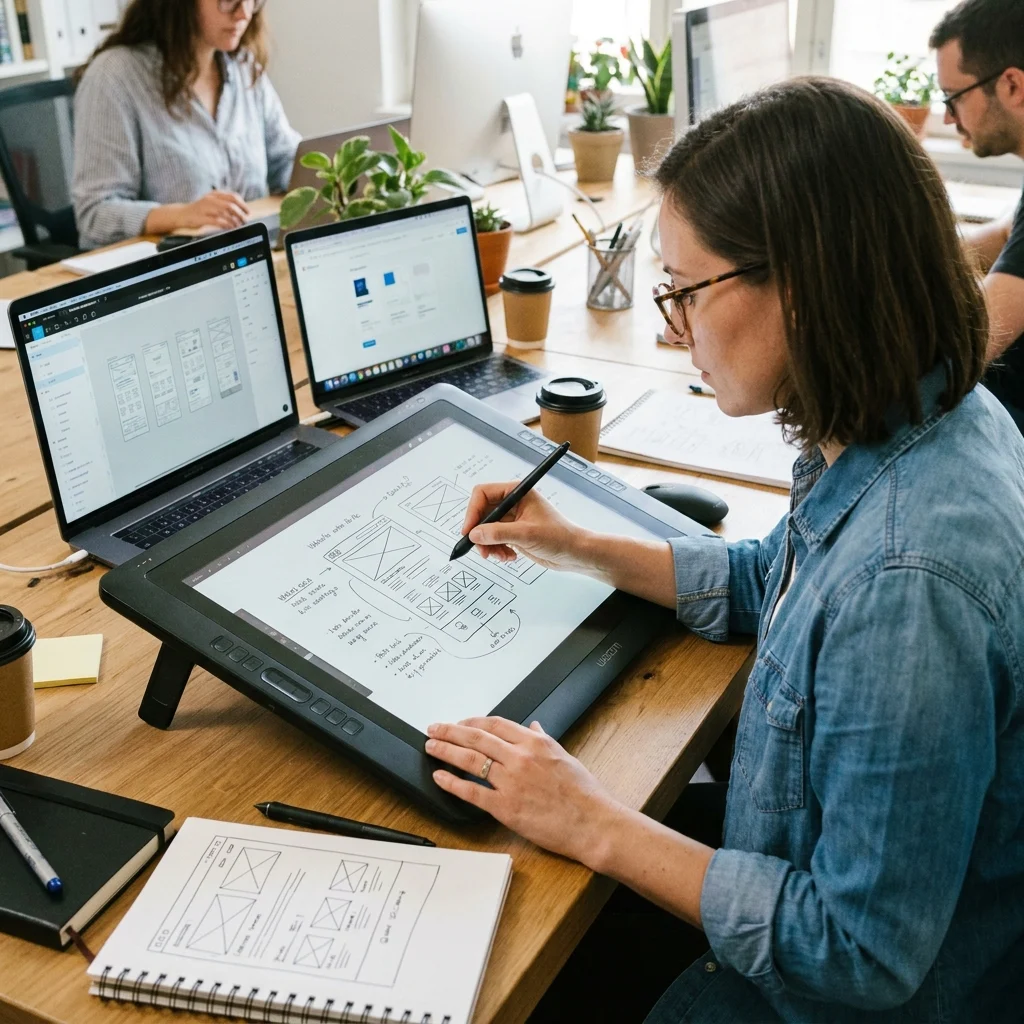 designer sketching website wireframes on a digital tablet with a laptop on the side