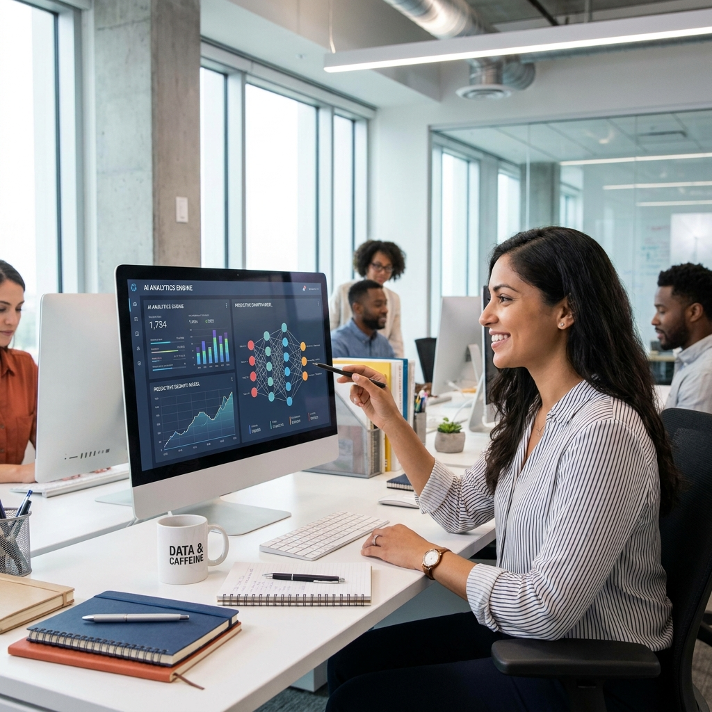 An office worker using AI-driven analytics on their desktop computer