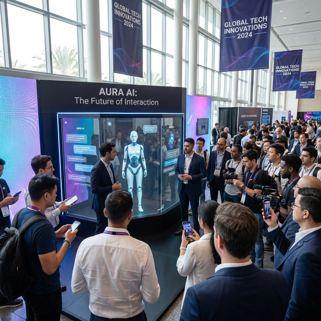 Technology conference with AI product demo booth and attendees