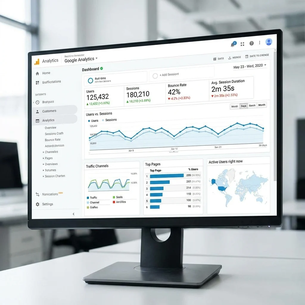 dashboard view of Google Analytics showing website stats and graphs