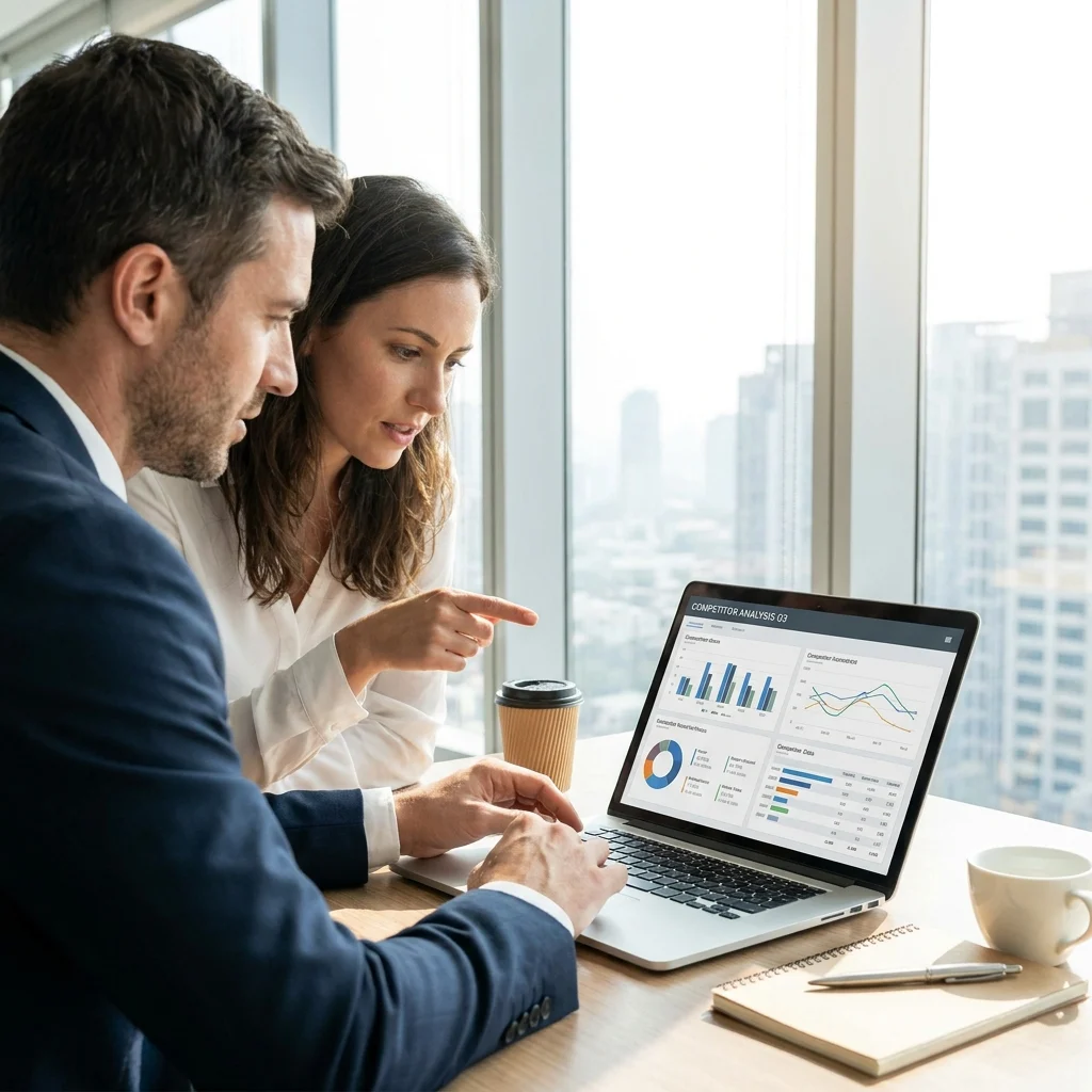 two business people analyzing competitor data on laptop with charts and graphs