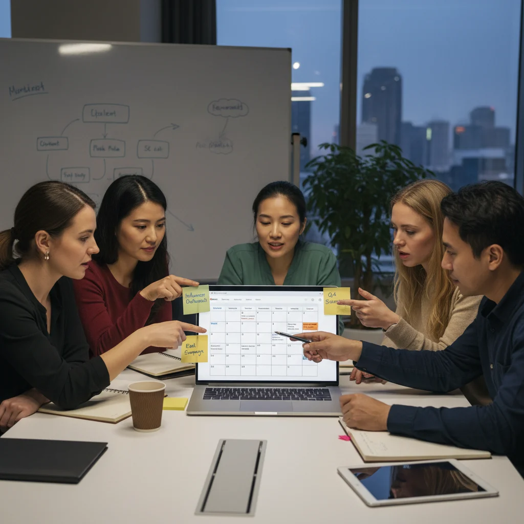 team of diverse marketers collaborating around a digital marketing calendar on a laptop